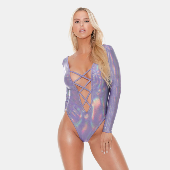 Sundbolur með síðum ermum "3D pin dots"Deep plunge bodysuit
