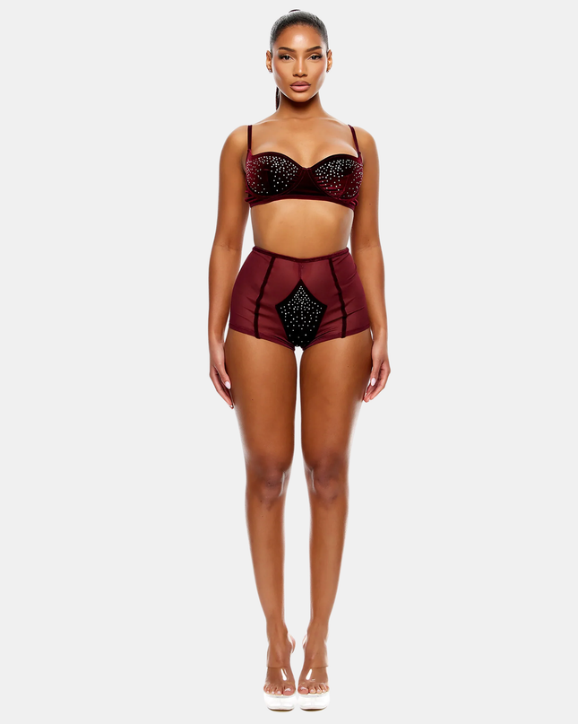 Rhinestone Bra And Briefs Sett Vínrautt