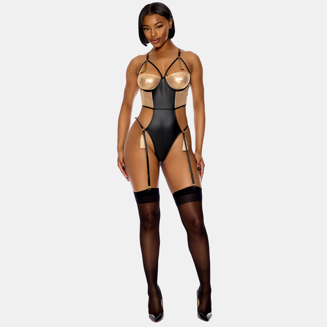 Metallic Gold & Black Faux Leather Samfella Með Sokkaböndum