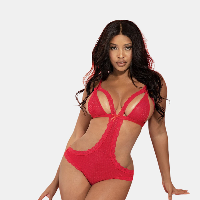 Mesh And Lace Peek a Boo Teddy Red