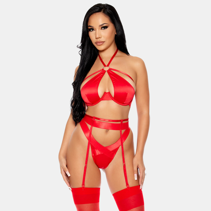 Satín Undirfata Sett Með Sokkabandabelti Rautt