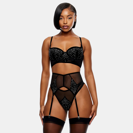 Longline Undirfata Sett Velúr Rhinestone Svart