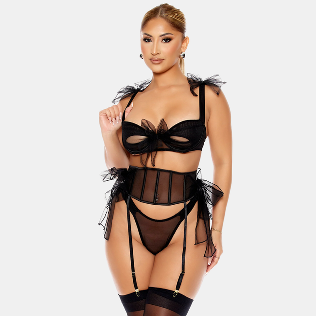 Undirfata Sett & Sokkabandabelti Skreytt Slaufum Svart