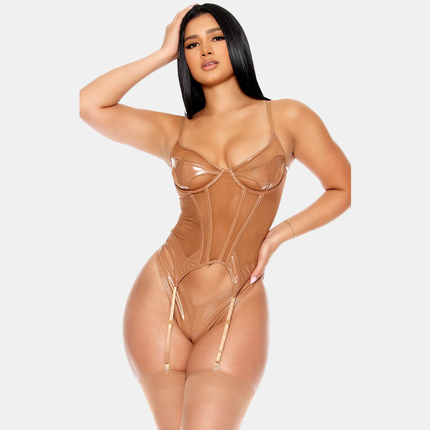 Vínil Korselett Með Sokkaböndum Sett Hálf Gegnsætt Brúnt