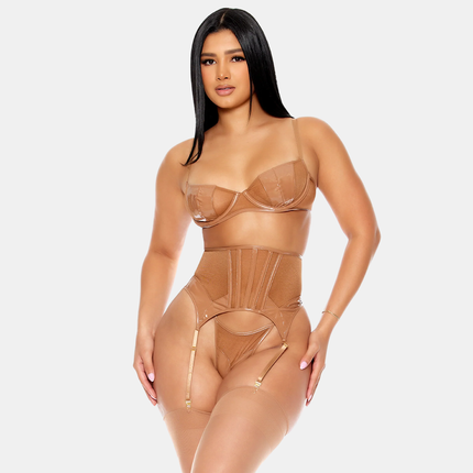 Vínil Undirfata Sett & Sokkabandabelti Brúnt