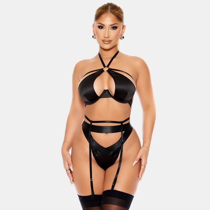 Satín Undirfata Sett Með Sokkabandabelti Svart