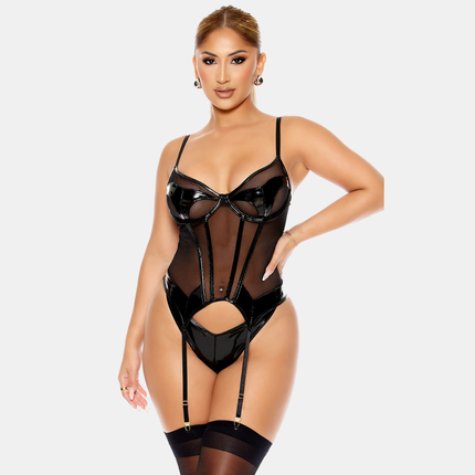 Vínyl Korselett Með Sokkaböndum Sett Hálf Gegnsætt Svart