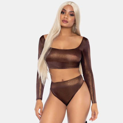 Krop Toppur & Kynþokkafullar Bikini Buxur Sett Brúnt Glans