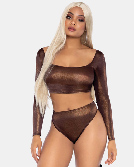 Krop Toppur & Kynþokkafullar Bikini Buxur Sett Brúnt Glans