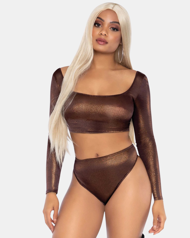 Krop Toppur & Kynþokkafullar Bikini Buxur Sett Brúnt Glans
