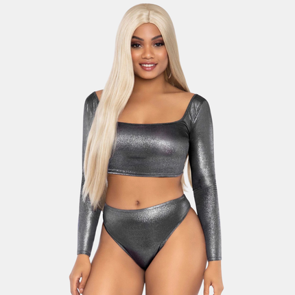 Krop Toppur & Kynþokkafullar Bikini Buxur Sett Silfur Glans