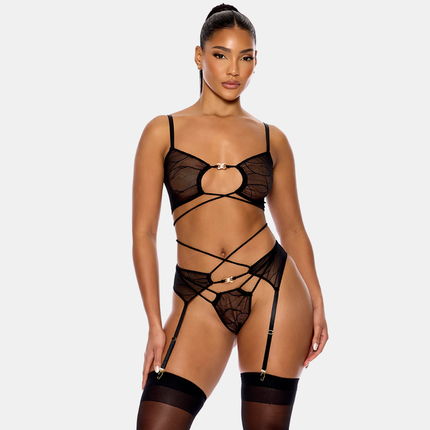 Undirfata Sett Með Sokkaböndum Hálf Gegnsætt Svart