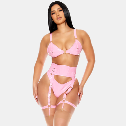 Vínyl Undirfata Sett Með Háu Sokkabandabelti Bleikt