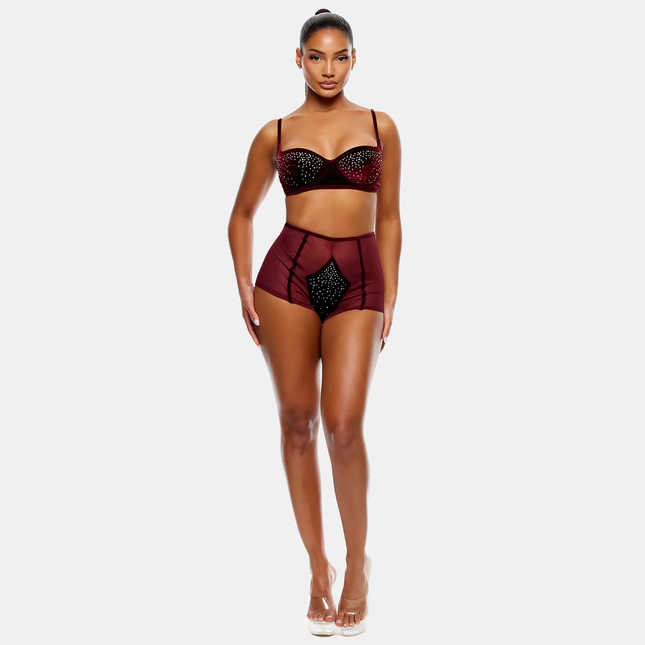 Rhinestone Bra And Briefs Sett Vínrautt