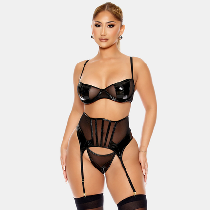 Vínil Undirfata Sett & Sokkabandabelti Svart