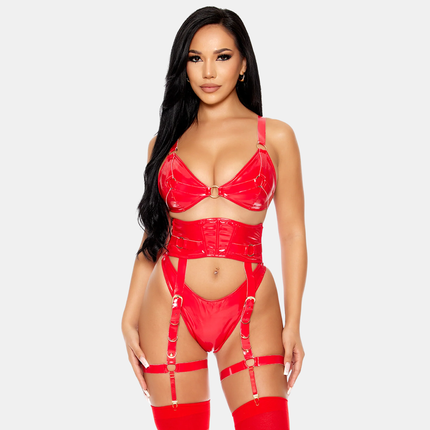 Vínyl Undirfata Sett Með Háu Sokkabandabelt Rautt