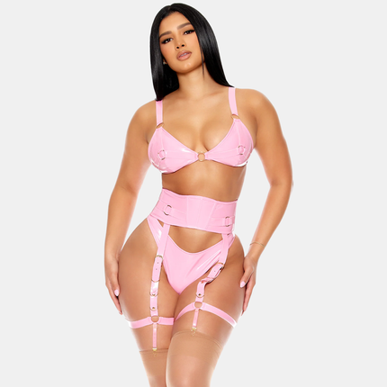 Vínyl Undirfata Sett Með Háu Sokkabandabelti Bleikt