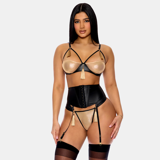 Metallic Gold & Black Faux Leather Sokkabandabelti & Brjóstarhaldari Sett