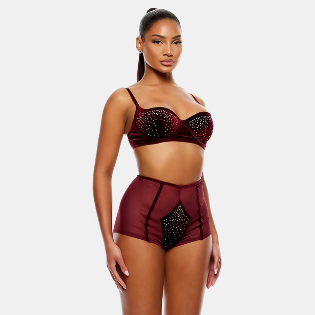 Rhinestone Bra And Briefs Sett Vínrautt