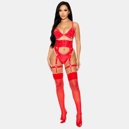 Vínyl Undirfata Sett Með Háu Sokkabandabelt Rautt