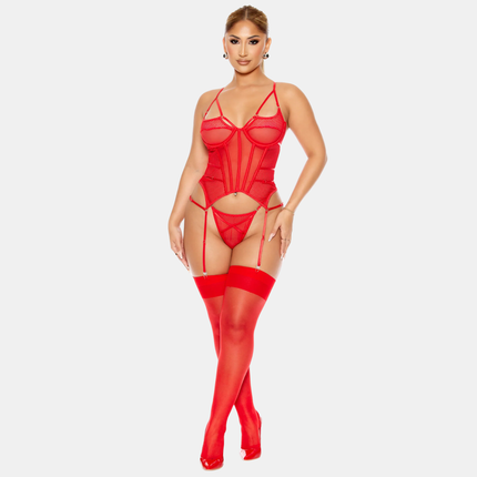 O-Neta Korselett Sett Hálf Gegnsætt Rautt