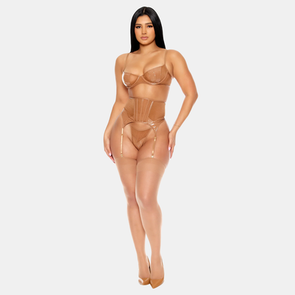 Vínil Undirfata Sett & Sokkabandabelti Brúnt