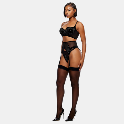 Longline Undirfata Sett Velúr Rhinestone Svart