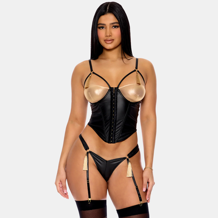 Metallic Gold & Black Faux Leather Korselett Sett