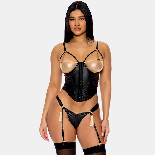 Metallic Gold & Black Faux Leather Korselett Sett