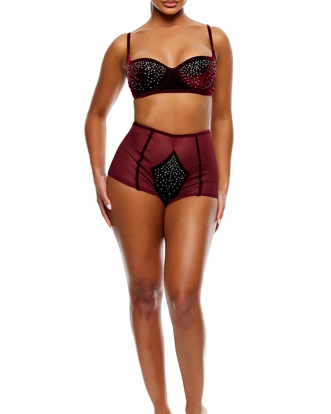 Rhinestone Bra And Briefs Sett Vínrautt