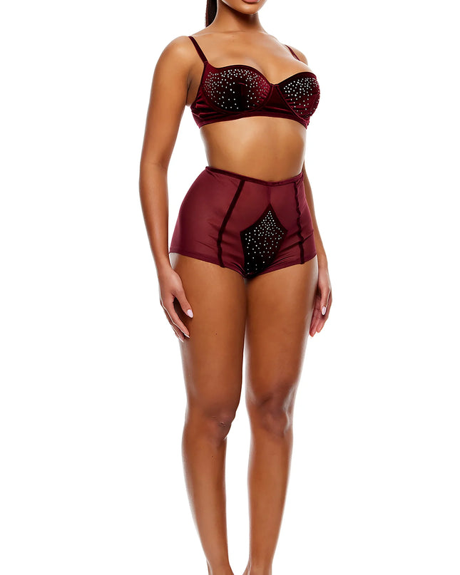 Rhinestone Bra And Briefs Sett Vínrautt