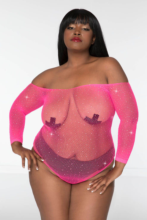 Plus Size Fishnet & Rhinestone Off The Shoulder Bodysuit