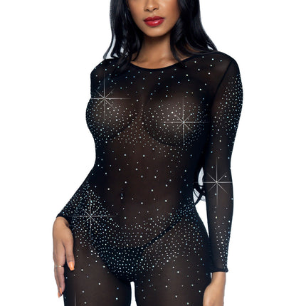 Sheer rhinestone catsuit