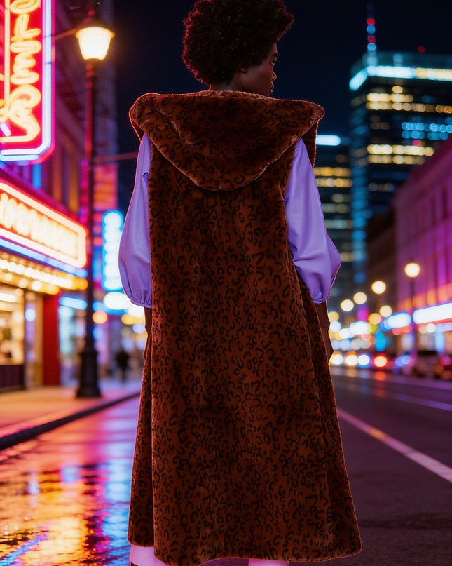 Leopard Jakki Faux Fur Hooded Maxi Gilet frá Jayley