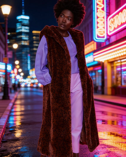 Leopard Jakki Faux Fur Hooded Maxi Gilet frá Jayley