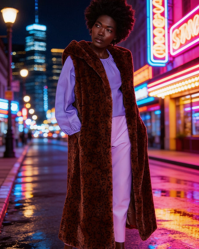 Leopard Jakki Faux Fur Hooded Maxi Gilet frá Jayley