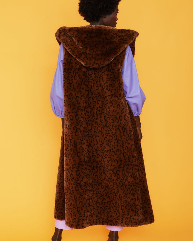 Leopard Jakki Faux Fur Hooded Maxi Gilet frá Jayley