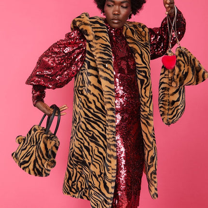 Animal Print Faux Fur Hooded Jakki frá Jayley