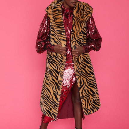 Animal Print Faux Fur Hooded Jakki frá Jayley