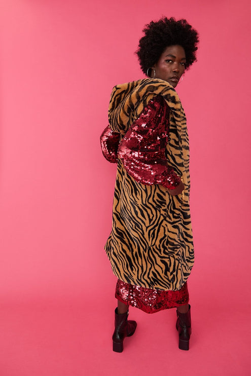 Animal Print Faux Fur Hooded Jakki frá Jayley